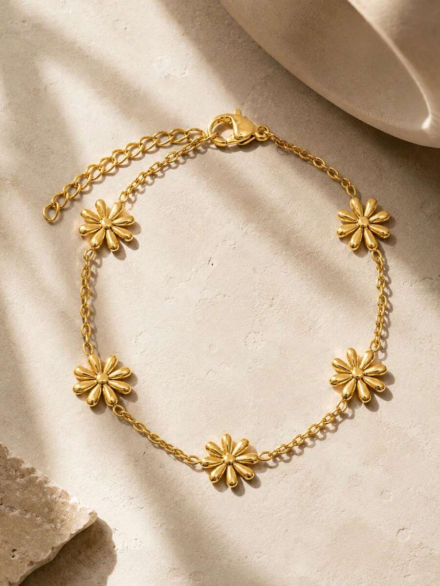Zartes Gänseblümchen-Blumen-Gliederkettenarmband Boho Chic Sommer Strand Edelstahl 18K Gold PVD beschichtet wasserdicht anlaufbeständig Damenschmuck - Gold - Übersicht 1