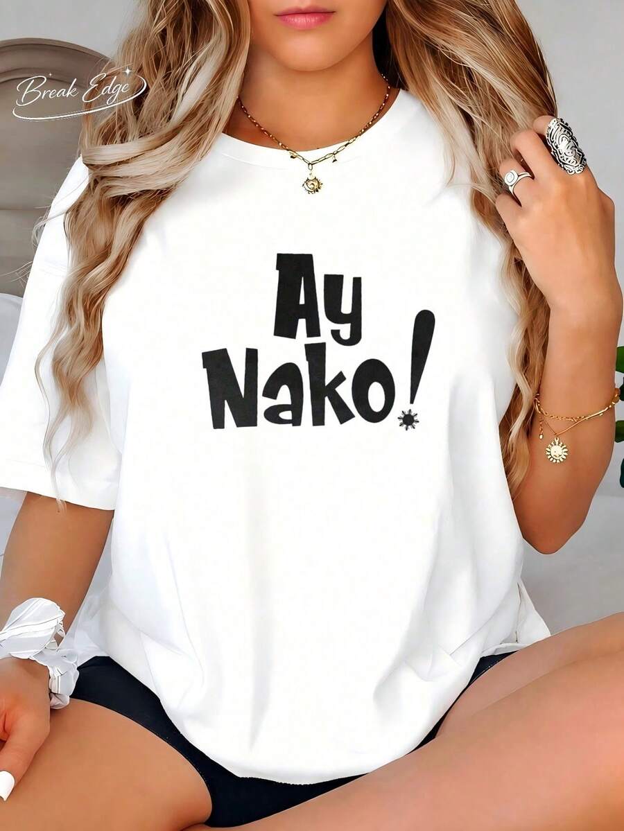 Funny Mushroom For Women "Ay Nako!" Graphic Print T-Shirt, Round Neck, Short Sleeve, Loose Fit, Ideal For Filipino Community Gatherings, Casual Outings And Everyday Wear - 白色 - 查看 1