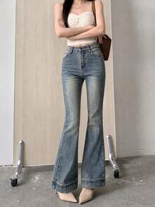Women's Casual Versatile Daily Travel Denim Flare Jeans With Pockets And Buttons Fall - Medium Wash - View 5
