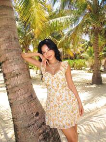 Apricot A-Line Mini Dress With Lace Patches, For Summer - 黃色 - 查看 1