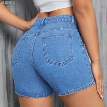 xuehuamaoyi02  Shorts de mezclilla casuales lisos para mujer para uso diario - Lavado ligero - Ver 3