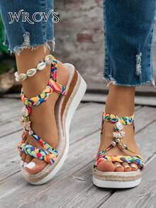 Gelbe Damen-Sandalen mit gewebten Riemen, leichte Keilsandalen im Boho-Stil für den Urlaub, Outdoor- und Urlaubs-Essential - Gelb - Übersicht 4