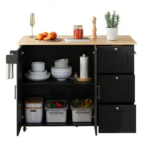 طاولة مطبخ متنقلة كبيرة L135*W44(70)*H90cm، سطح من خشب البلوط، قابلة للطي، أثاث متعدد الوظائف، 3 أدراج، رف للمناشف، مثالية للمطبخ وغرفة الطعام والمنزل - الأسود - مشاهدة 1