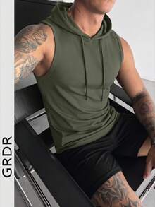 GRDR 男士纯色抽绳连帽休闲百搭背心 - 軍綠色 - 查看 3