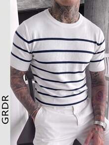 GRDR Men's Summer Knit Striped Short Sleeve Sweater, Versatile For Summer Socializing And Dining - White - View 3
