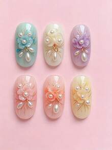 3D Aurora Shell Flower Pearl Nail Charms, 12Pcs Iridescent Floral Nail Art Decorations With Hanging Pearl Pendants , Japanese Style Resin Nail Charms For DIY Manicure, Nail Art Supplies Summer Collection Nail Accessories, Nail Products - Multicolor - View 3