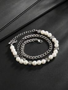 2pcs Hip Hop Punk Minimalist Cross Faux Pearl Bracelet, Geometric Metal Chain Bracelet Set, Suitable For Daily And Party Wear, Gift For Men, Classmates And Friends - 2pcs - View 3