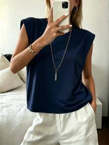 Women's Casual Sleeveless Round Neck T-Shirt, Soft Knit Fabric, Regular Length High Elasticity, Comfortable For Daily Wear Summer - Navy Blue - View 6