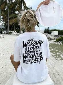 Women's Minimalist Casual T-Shirt With Double-Sided Inspirational Bible Message Graphic, Versatile Top To Pair With White Shorts And Lightweight Trousers - 白色 - 查看 3