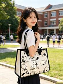 1件 Snoopy 印花帆布托特包，卡通風格大容量單肩包，適合日常通勤與海灘使用 - A - 查看 1