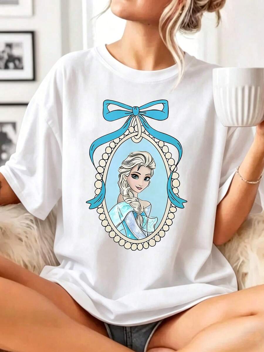 Disney Elegant Elsa Portrait Cotton T-Shirt, Vintage Frame Design Crew Neck Daily Top - White - View 1