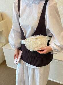 乳白色3D玫瑰花網格腰包女款，夏季新款溫柔風斜跨腰包，百搭仙女風手機包，女用胸包適合日常出遊與約會 - 米色 - 查看 10