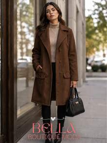 Women's Long Wool Coat, Parka, Or Overcoat, Elegant And With Front Button Closure. - 鏽棕色 - 查看 1