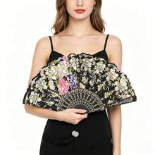 Floral Gold Foil Printed Folding Hand Fan With Tassel Pendant, Vintage Spanish Style Fan, Wedding Bride Ball Party Costume Accessory - Peony Flower Folding Fan - View 4