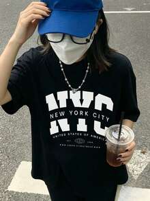Women's Casual NYC Letter Graphic T-Shirt, Black Round Neck Short Sleeve Drop Shoulder Knit T-Shirt Streetwear Style - Black - View 2