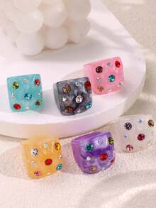6 piezas/Set de anillos de resina con incrustaciones de strass, diseño geométrico exagerado, colorido, versátil, creativo, único, elegante y de alta gama para mujer, uso diario, joyería para fiestas y vacaciones - Multicolor - Ver 4