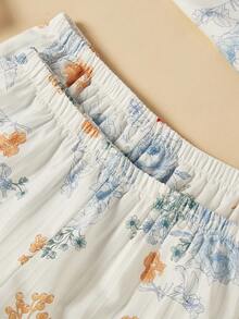 3 piezas Conjunto de pijama de verano para mujer, estampado floral casual con bolsillo, cuello con solapa y botones delanteros, pantalón corto y pantalón con volantes en el bajo, ajuste holgado y cómodo - Multicolor - Ver 6