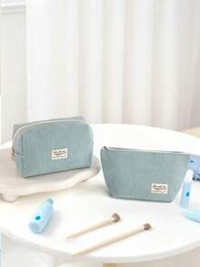 2pcs Classic Ins Style Fresh Blue Corduroy Makeup Bag Love Makes The World Go Around Large Capacity Portable Toiletry Bag Travel Storage Pouch Student Stationery Pencil Case Clutch - Multicolor - View 7