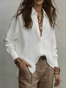 Soft Casual White Lightweight Linen Shirt For Women, Fashionable Spring/Summer Versatile Solid Color Shirt - White - View 2