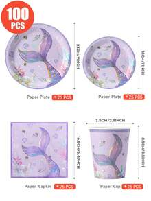 100/75/25/10pcs Purple Big Fish Tail Ocean Theme Disposable Plates, Napkins, Cups Set, Party Supplies, Suitable For 25 Guests, Disposable Paper Plates Party Tableware For Birthday, Wedding, Party, Family Picnic - Multicolor - View 8
