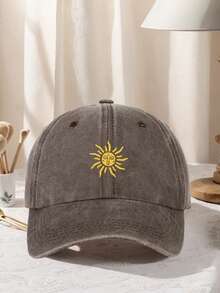 1 Pc Gender-Neutral Retro Sun Print Baseball Cap, Adjustable Design, Suitable For Outdoor Activities, Travel And Running, Sun Hat For Sun Exposure - Coffee Brown - View 13