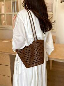 New Plaid Woven Bucket Bag, Fashionable Versatile Handheld Shoulder Bag, Commuter Essential, Work To Weekend - Multicolor - View 4