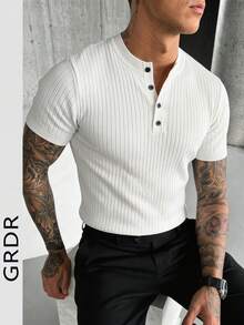 Men's Summer Henley Neck Solid Ribbed Short Sleeve Knit Sweater, Suitable For Summer Outings, Essential For Fashionable Styling - White - View 6