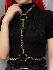 1件女款金色嘻哈龐克風時尚多層流蘇褲子鍊條，適合萬聖節派對或日常穿著 - 金色 - 查看 2
