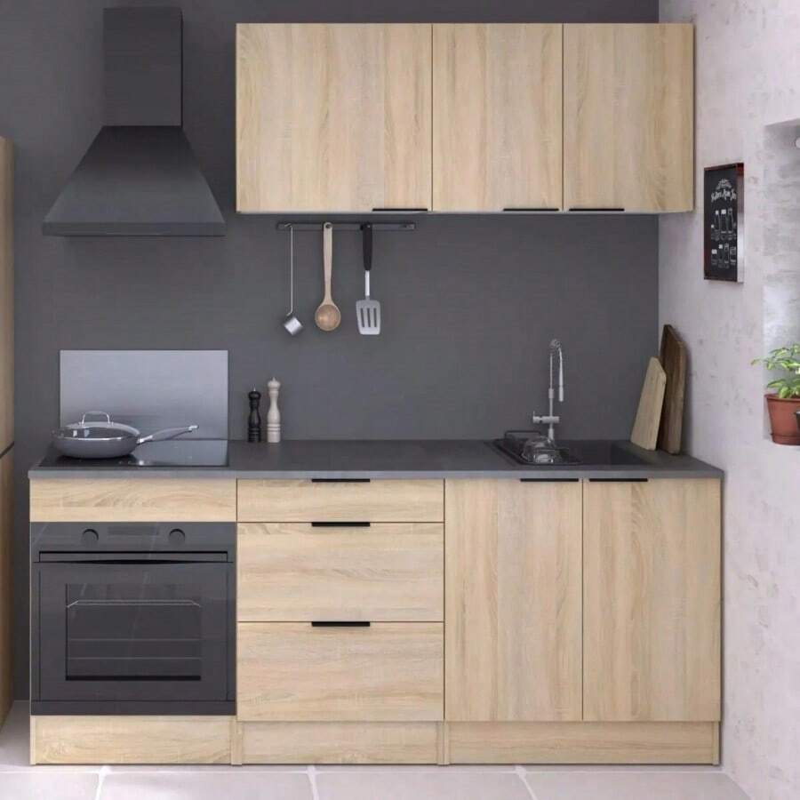 Miroytengo Conjunto de muebles cocina Arko Roble Áspero y Negro con módulos: 3 cajones, horno 60 cm, 2 puertas, 2 módulos aéreos 80 y 60 cm ancho con estantes internos. Almacenamiento Cocina 60x86x60 cm. - Negro - Madera claro - Ver 1
