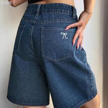 yonghongmaoyi1  Shorts vaqueros de longitud hasta la rodilla con bordado de lazo para mujer - Negro01 - Ver 4