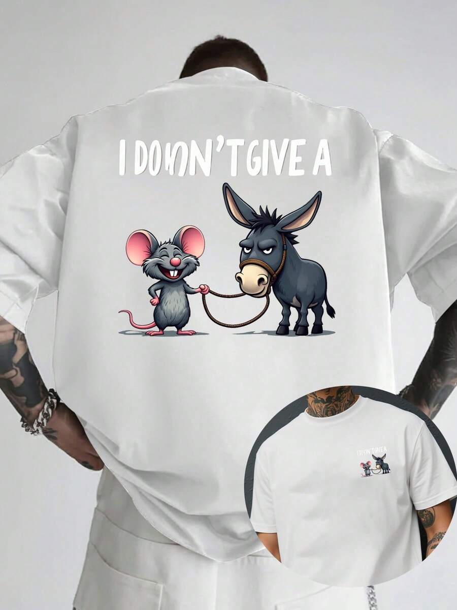 I Don't Care, The New Men's Crew Neck T-Shirt With Double-Sided Print Of A Mouse Pulling A Horse Is Casual, Sporty, Modern, Fashionable, Loose-Fitting And Suitable For - 白色 - 查看 1