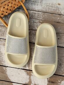 Spring/Summer Women's Round Toe Minimalist Casual Versatile Slides, Sparkling Rhinestone Upper, Outdoor Home Beach Bathroom Flip Flops - Khaki - View 5
