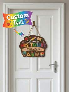 1pc Personalized Custom Teacher Name Classroom Door Sign, Custom Text Design, Cute Themed Welcome Plaque(School Supplies/Flower/Rainbow), Durable Wood Hanger With Rope, Ideal For Classroom Door/Nursery Decor, Thoughtful For Teacher'S Day Gift - Multicolor - View 2