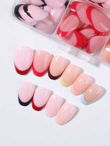 216Pcs/Set(9mixed) Y2K Short Square Colorful French Tips Press On Short Nails With Yellow & Blue & Red & Black & Brown & Pink &Nude Color French Design,Full Fit Acrylic Fake Nails, Contain 1pc Jelly Glue And 1pc Nail File,For Girls Daily Life Use - Multicolor - View 4