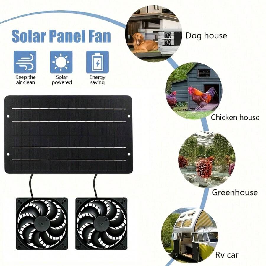 10W Portable Solar Panel With Dual Cooling Fans, Low Noise Solar Fan, Solar Exhaust Fan, Solar Ventilation Air Circulation Outdoor Set, Suitable For RV Travel, Camping, Pet Room, Window, Greenhouse, Shed