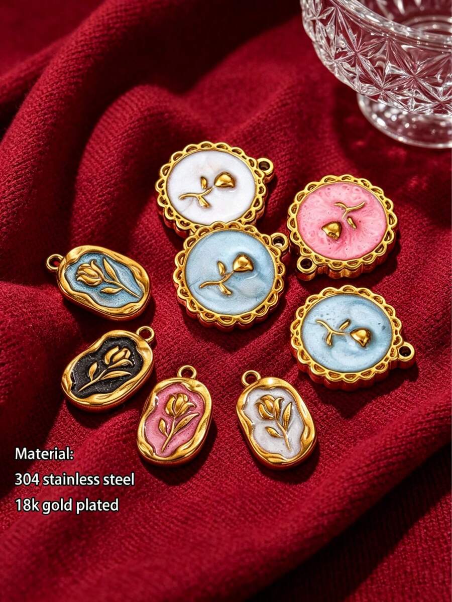 5 Stück 304 Edelstahl 18 Karat vergoldete Emaille Öltropfen Rose Tulpe runde asymmetrische Anhänger Charms, Alltagsschmuck Frauengeschenk DIY Schmuckzubehör Anhänger Charms Valentinstag - Anhänger - Übersicht 1