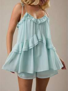 Womens Summer Romper Dress Chiffon Spaghetti Strap Sleeveless Ruffle Tiered Short Jumpsuits Beach Vacation Rompers - 藍色 - 查看 1