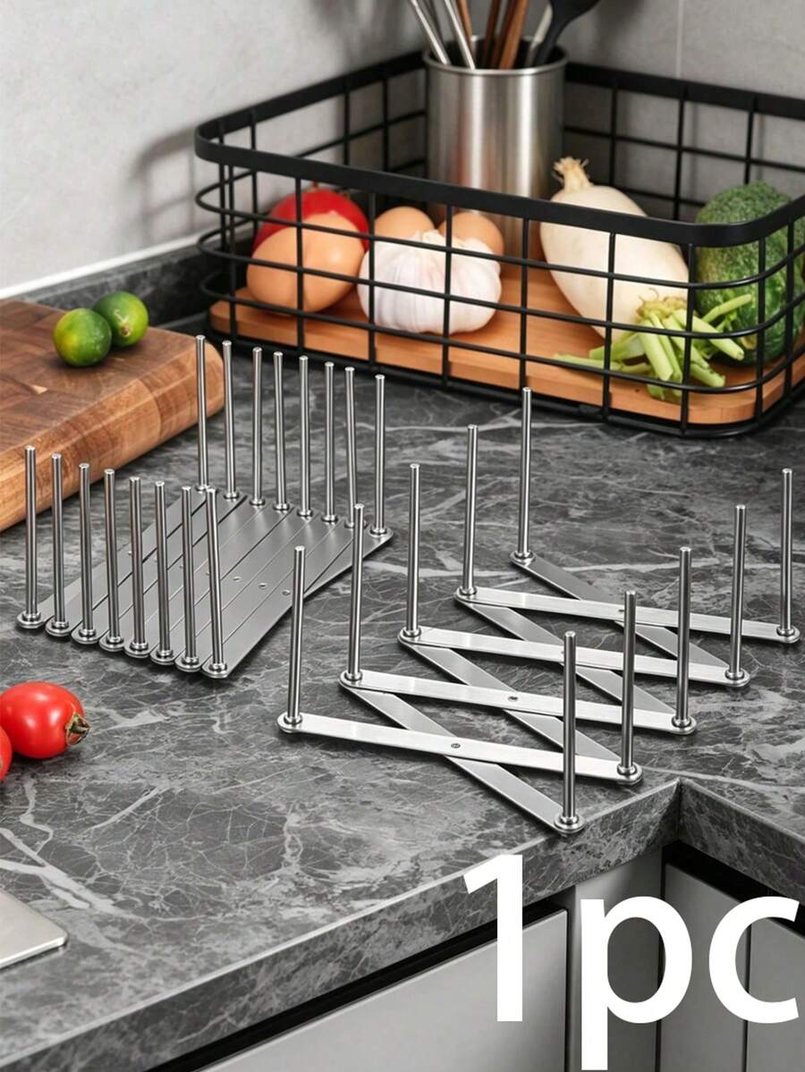 1 pieza Escurridor de platos ajustable, Escurridor de platos plegable telescópico, Escurridor de platos para secado y almacenamiento de cocina, Organizador de platos multifuncional, Escurridor de platos para cocina del hogar, Escurridor de platos de escritorio, Escurridor multifuncional con diseño de metal elegante, Soporte para tapas de ollas, Soporte para cuchillos y tenedores, Solución de almacenamiento. Metal telescópico duradero, Múltiples ranuras, Almacenamiento de cocina - Multicolor - Ver 1