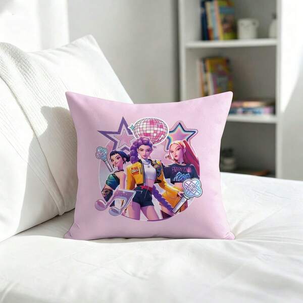 Miniso KPop Demon Hunters Huntrvx Girl Group Throw Pillow Cover Disco Ball Glitter Stars & Microphone Design Cushion Case For Couch Sofa Bedroom Living Room Home Decor