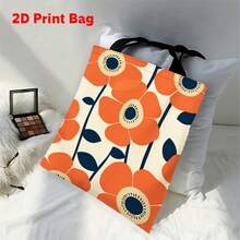 1pc 2D Printed Tote Bag, Spring Orange Flower Pattern, Large Capacity, Durable & Foldable, Suitable For Shopping, Gifting And Special Occasions - Multicolor - View 3