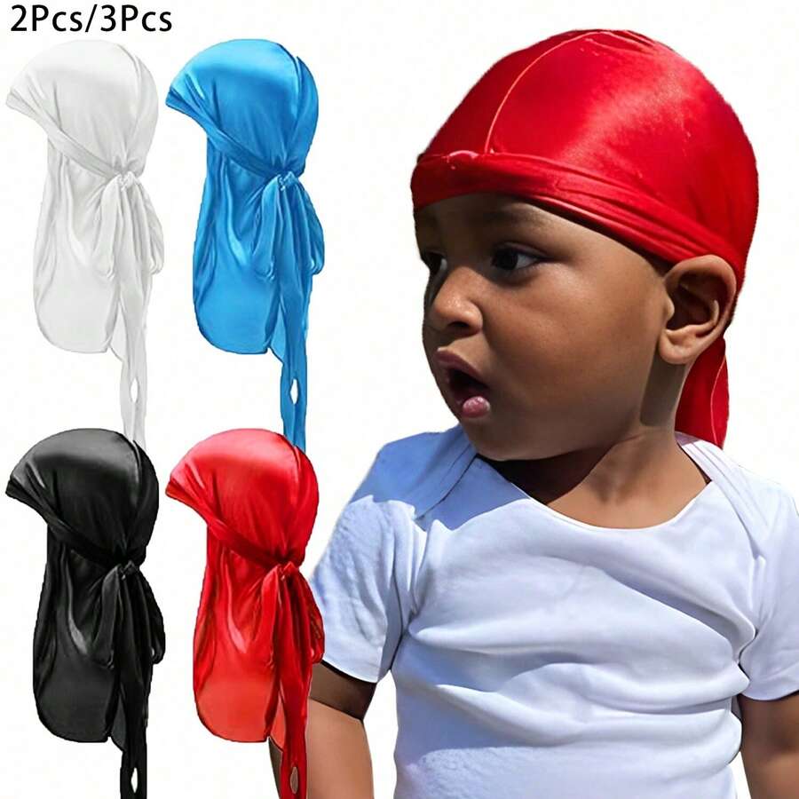 Awegeo 2 件/套儿童 Durag,光滑透气海盗帽,适合男孩和女孩,户外运动休闲舒适头巾 - 2PCS - 查看 1