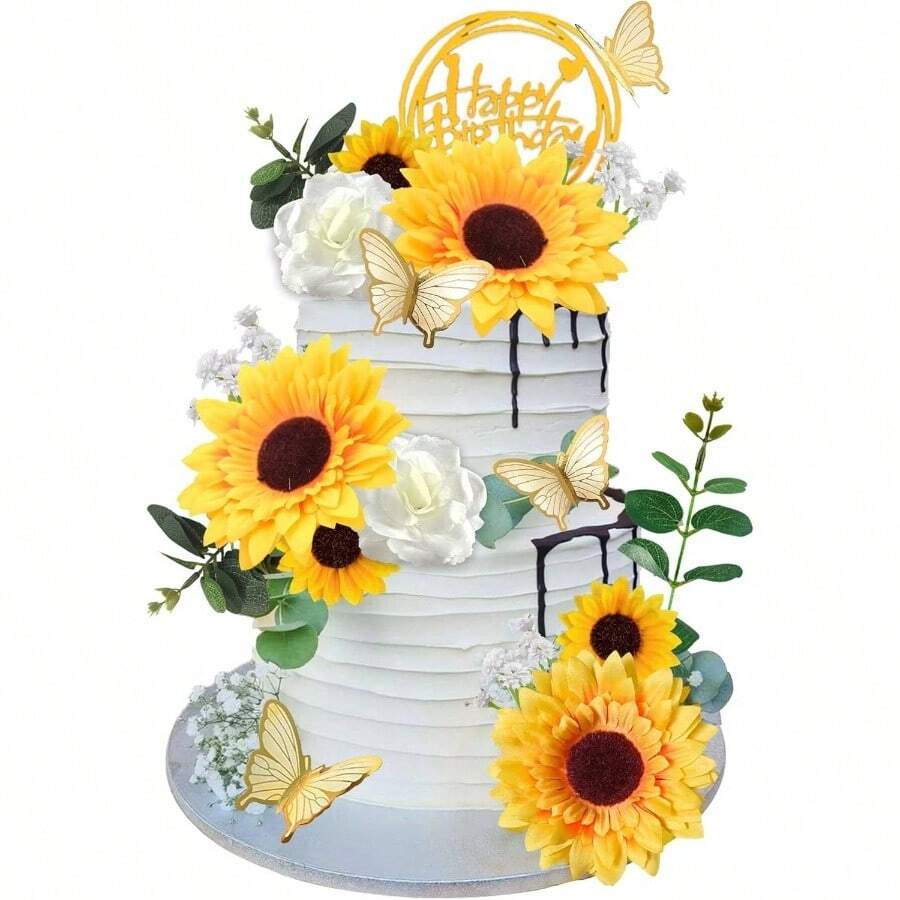 - Decoracin para tartas de girasol, 28 piezas, acrlico multicolor, seda, shower, decoraciones de boda, mariposa, eucalipto, rosa, decoracin de feliz cumpleaos - Girasol - Ver 1