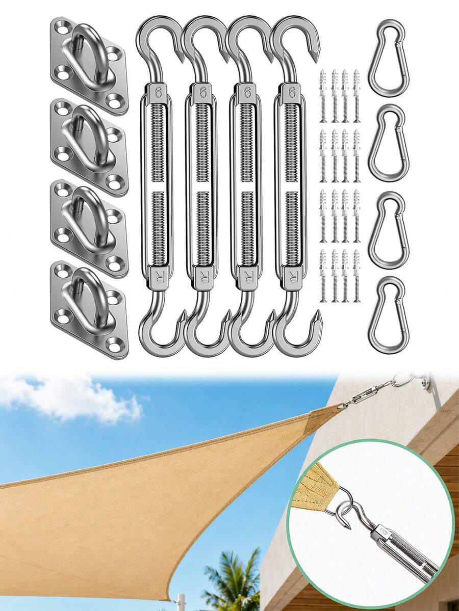 44pcs Sun Shade Sail Hardware Kit: 5.9 Inch Stainless Steel Sun Shade Sail Hardware Kit, Heavy Duty Weather-Resistant Accessories For Triangle/Square/Rectangular Outdoor Sun Shade Sails, Outdoor Patio, Garden, Backyard Sun Shade Equipment.