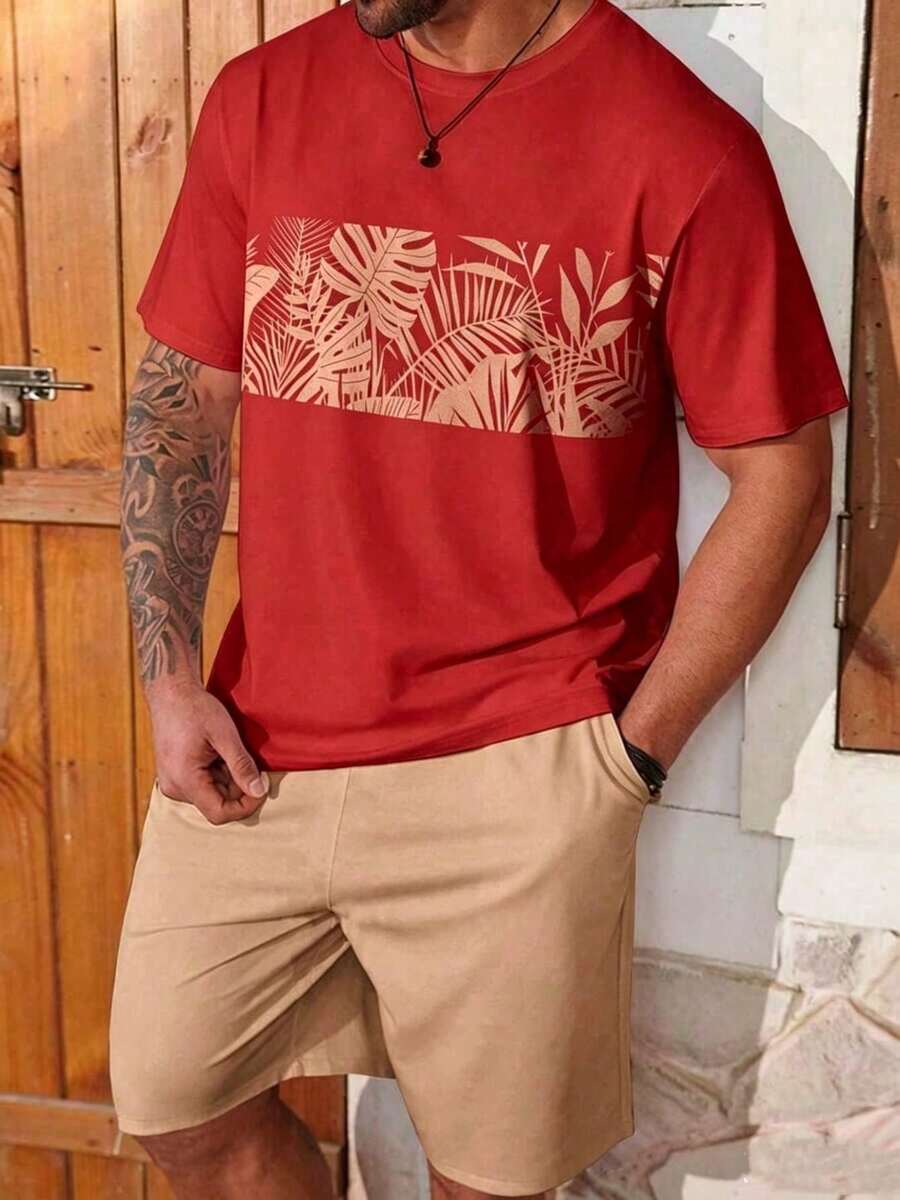 Manfinity Homme, Camiseta de Manga Corta y con Estampado de Plantas para Hombre, Tallas Grandes, Ropa Cómoda - Gris - Ver 1