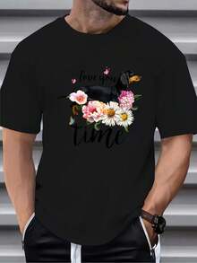 Men's Round Neck Short Sleeve, Summer Fashion Solid Color Breathable Comfortable Animal Floral Print Casual Versatile T Shirt For Daily Leisure - 黑色 - 查看 3