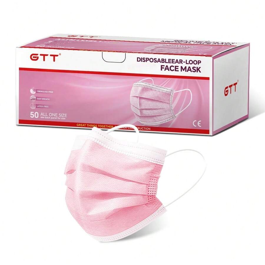 50pcs, Boxed, Disposable Folding Mask, Available In All Seasons, Four Colors, Soft Skin, 3-Layer Mask-Ideal For Family, School, Office And Outdoor! - Pink - View 1