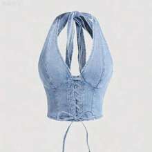 xuehuamaoyi02  MOD Top de denim con diseño de cordones de encaje con ojales y cuello halter sexy para mujer - Lavado ligero - Ver 1