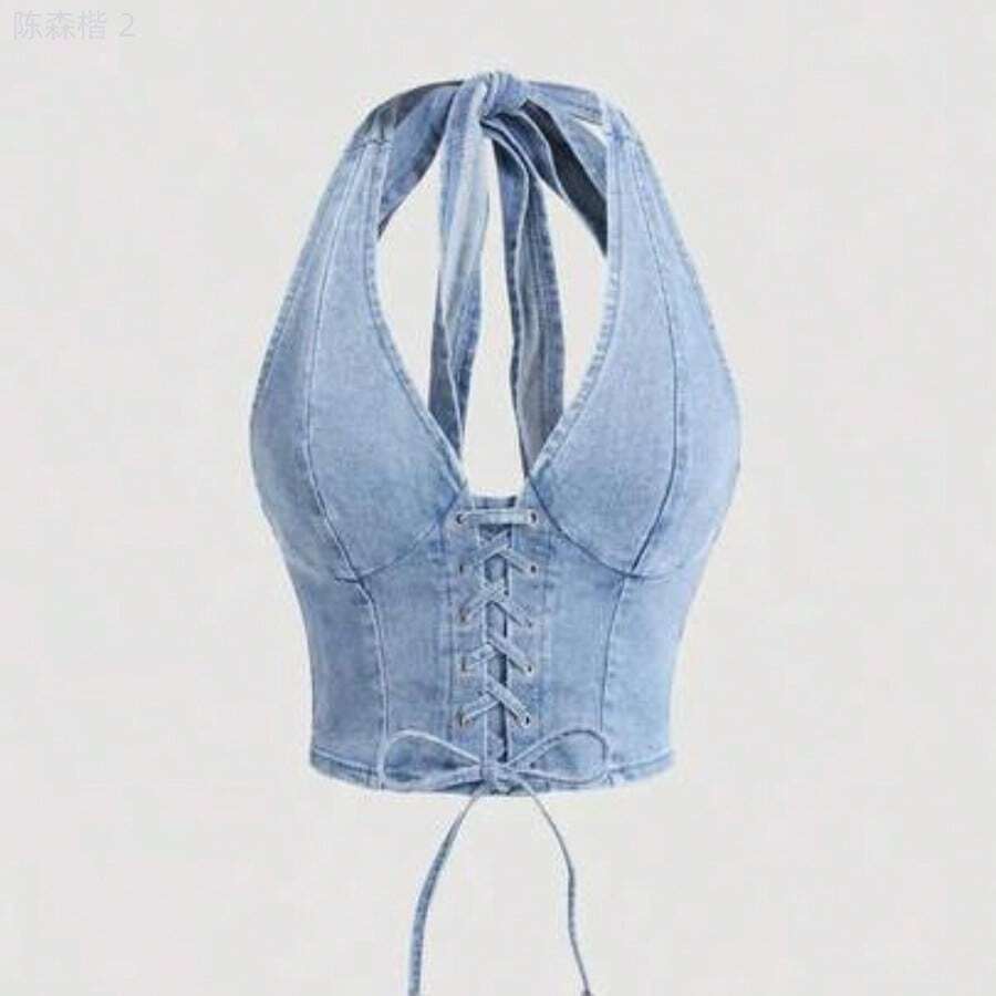 xuehuamaoyi02 MOD Top de denim con diseño de cordones de encaje con ojales y cuello halter sexy para mujer - Lavado ligero - Ver 1