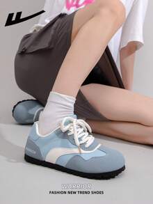 WARRIOR Damen Freizeitsneaker mit dicker Sohle, Schnürung und weichem Fußbett, Low-Top flache Outdoor-Schuhe, Sommer-Pendler-Schuhe, runde Zehenpartie, niedriger Absatz, rutschfest, einfarbig, elegant, weiche Sohle, für Ausflüge und Wandern, geeignet für Studentinnen und Abschlussfotos, Damen Low-Top Mikrofaser Sport-Skateboard-Schuhe - hellblau/blau - Übersicht 8