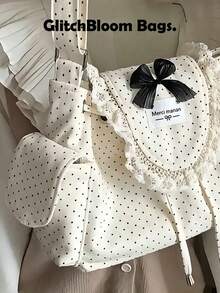 Túi đeo vai ren chấm bi dễ thương - Túi đeo chéo trang trí nơ xinh xắn, phong cách Lolita. - trắng - Xem 4